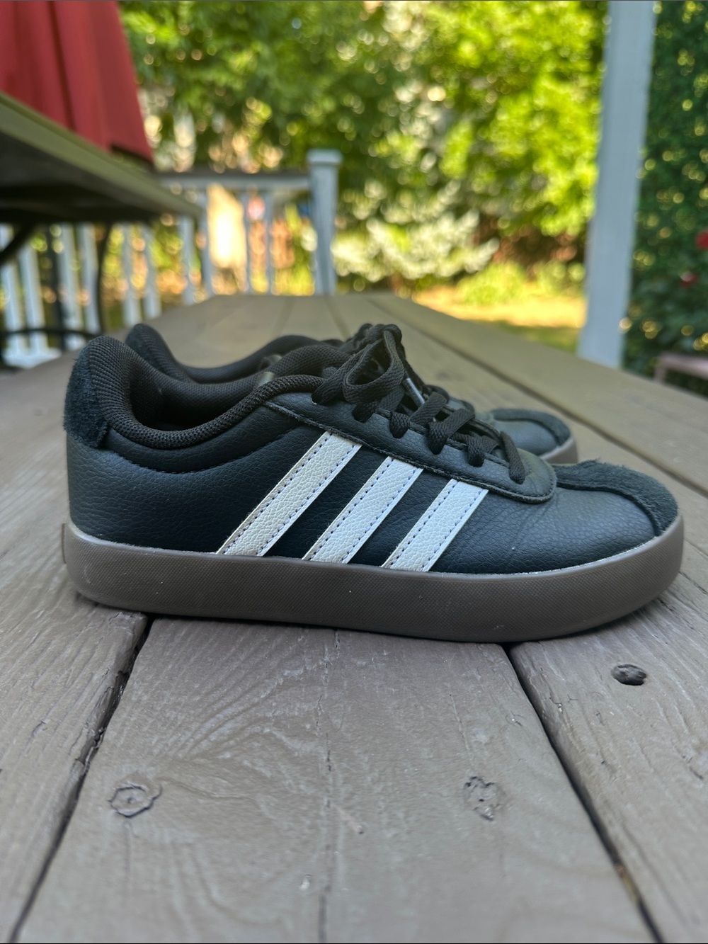 adidas Kids Black Sneakers with White Stripes and Brown Sole